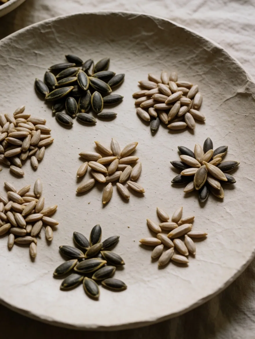 Zinc-rich seed specimens on a pale paper-grain apothecary plate