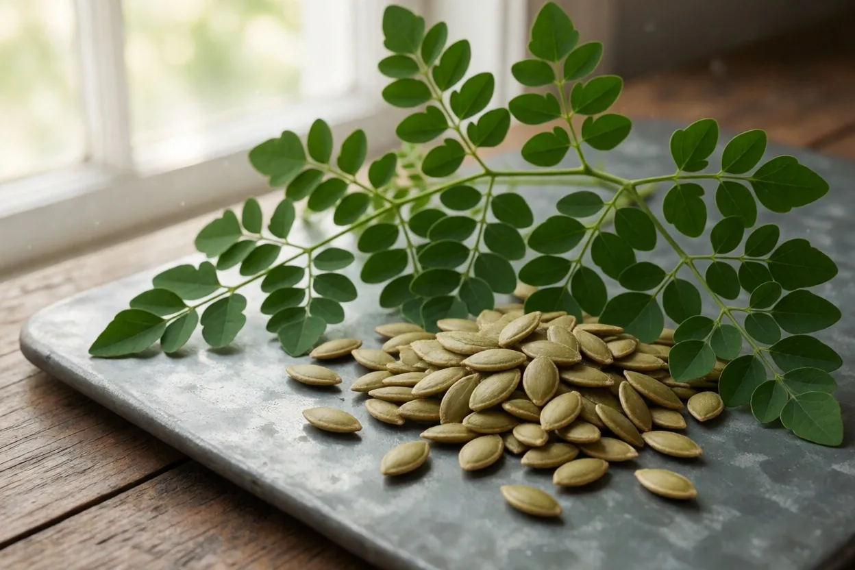Moringa leaves and pumpkin seeds on zinc surface