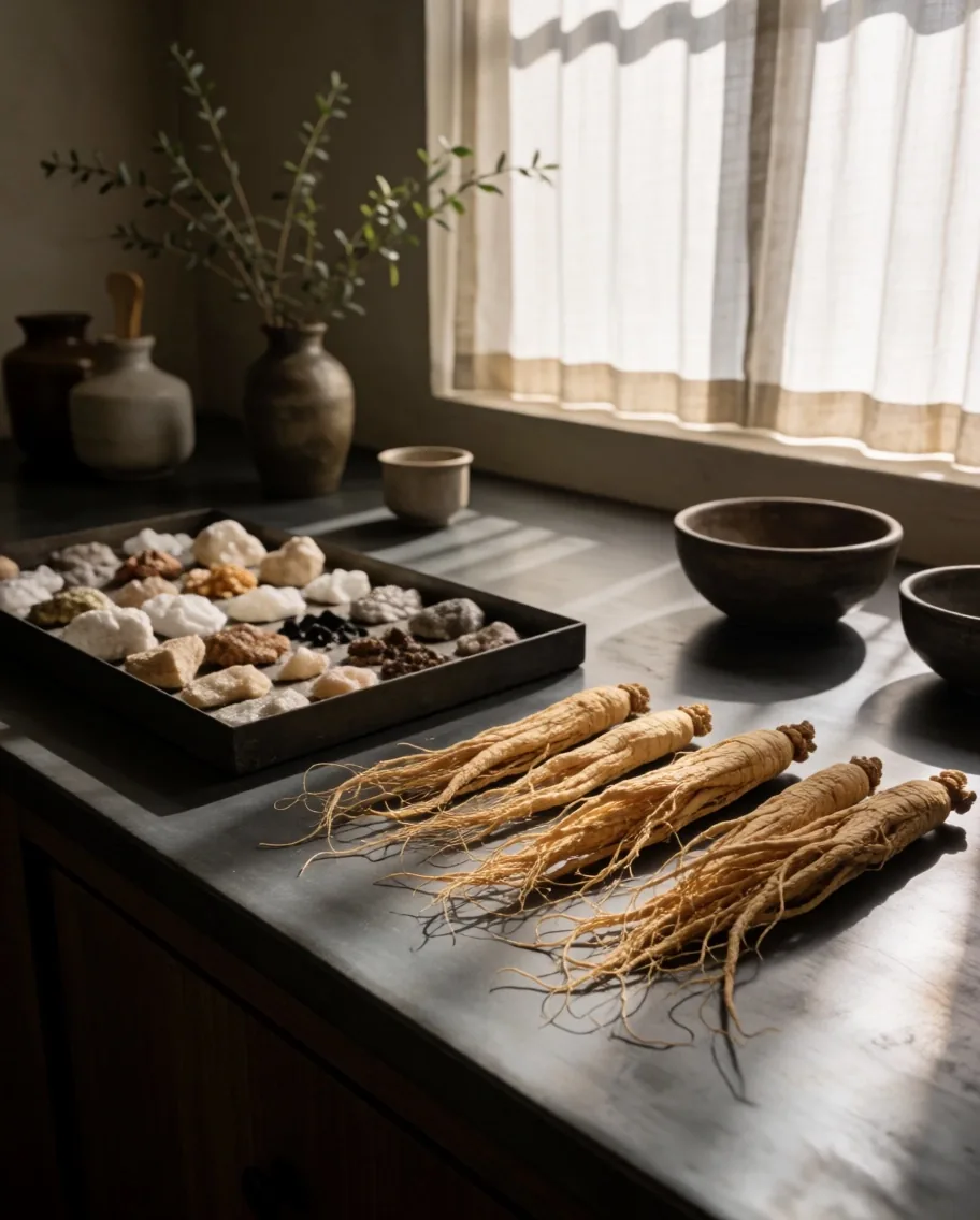 Ginseng root specimens on a zinc surface