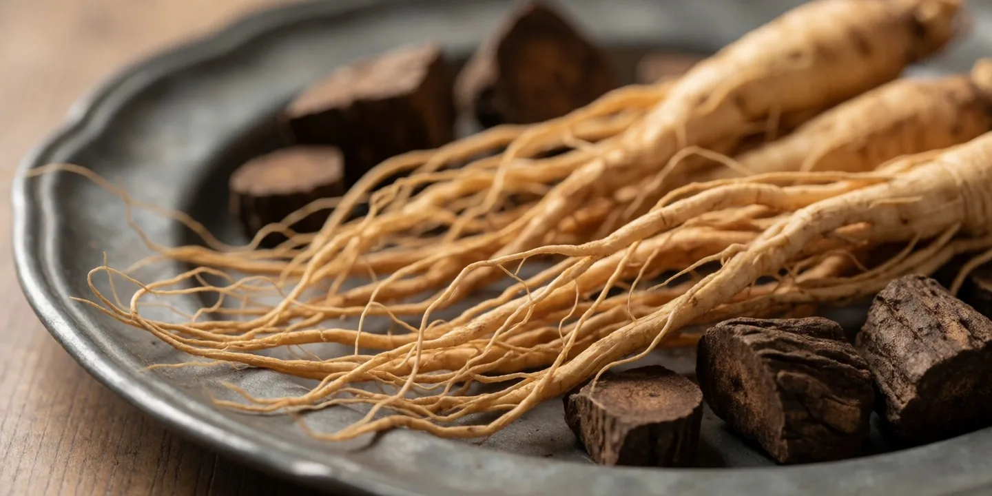 Ginseng and maca root specimens on a zinc plate