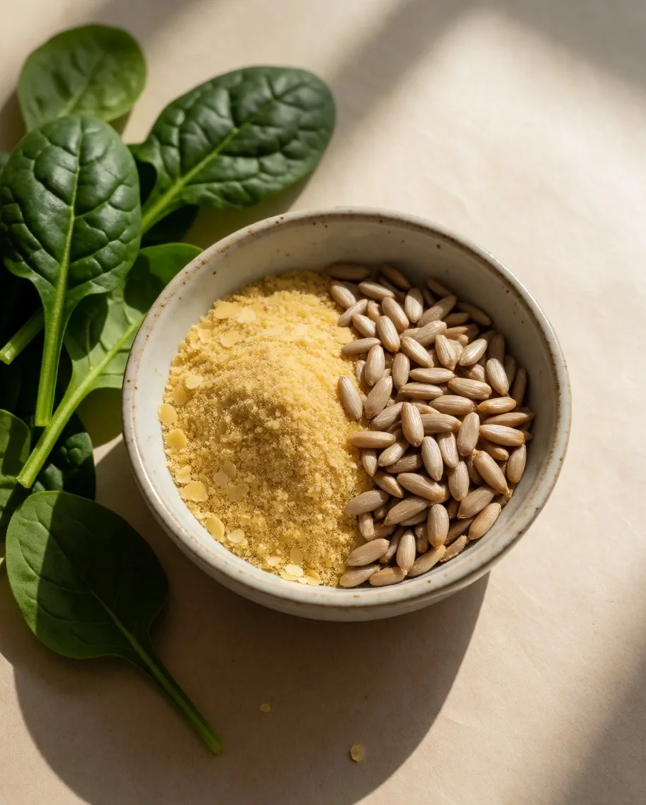 B-vitamin food sources and botanical specimens on a paper surface